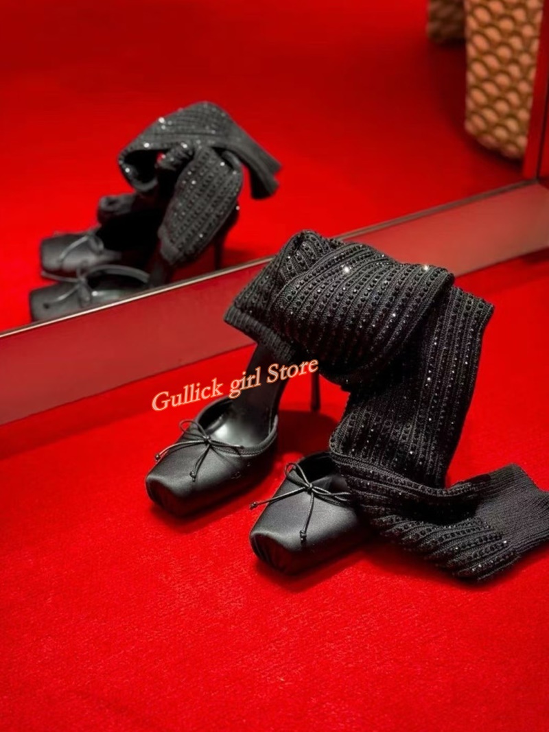Red Knit Square Toe Boots Cut  - огляд і ціна Knee High Sock Women